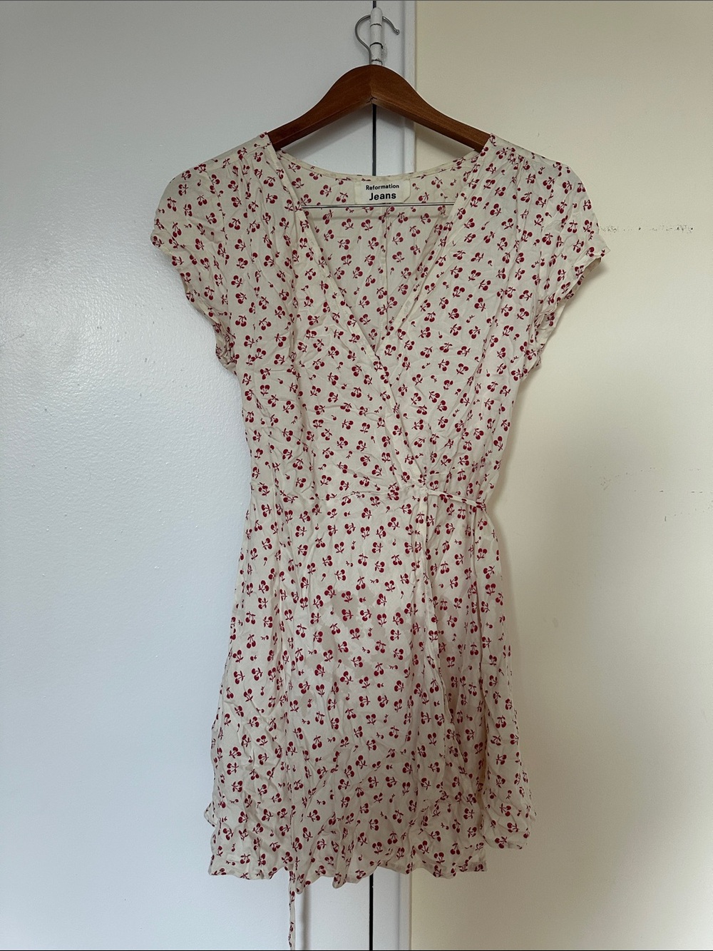 Reformation Raquel Cream Wrap Mini Dress with Red Cherry Print